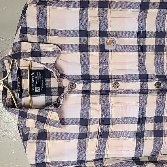 Carhartt Navy Cream Pink Plaid Rugged Flex Button Up Long Sleeve Shirt Loose Fit - Picture 3 of 14